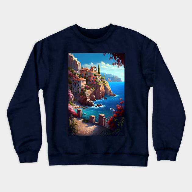 Mediterranean Coastline- Oil Paint Crewneck Sweatshirt by ABART BY ALEXST 